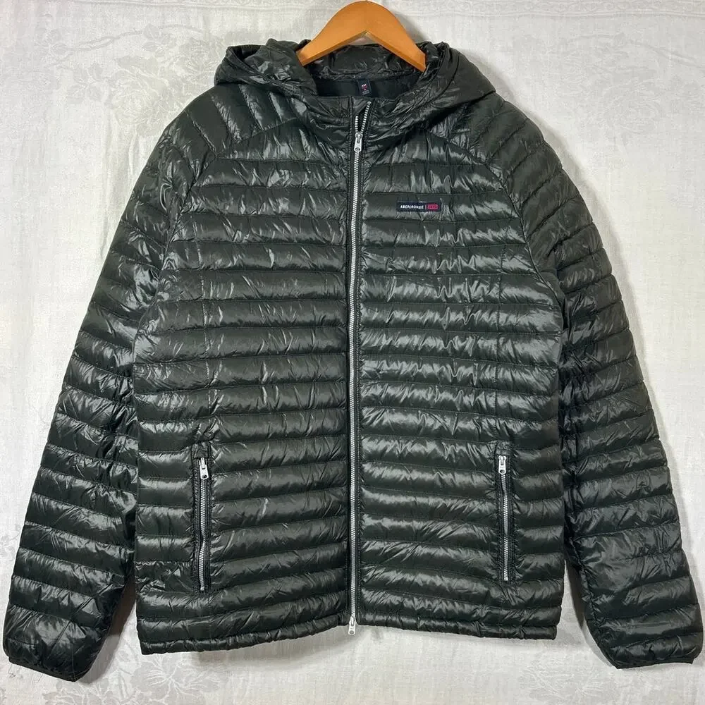 Abercrombie Fitch Jacket XL Full Zip Army Green Down Filled Quilted Hood Puffer - Picture 1 of 16